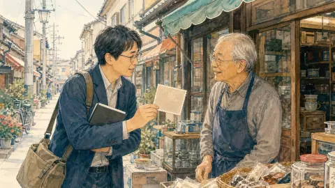 都市史を研究する森さんが古い商店街を歩き、店主へ調査目的を伝えて記憶を聞くイラスト