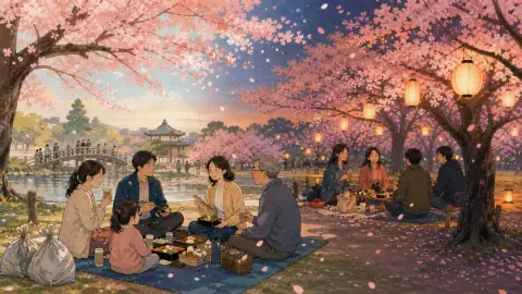 昼から夜まで桜を眺め、周囲に配慮しながら家族や友人と食事を楽しむ花見のイラスト