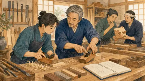木工の工房で若い職人が師匠の手元を見ながら木を削り、ほかの職人が失敗例を共有するイラスト