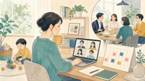 育児中の社員が自宅からオンライン会議に参加し、週一回の対面勤務と組み合わせて働くイラスト