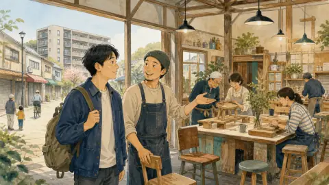 故郷へ戻った人が古い倉庫を再生した工房を訪れ、店主や住民が地域の材料で家具を作る様子を見るイラスト