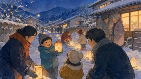 雪国の町で住民と子どもたちが道沿いに小さな灯りを並べ、家族や近所の人と冬の夜を過ごすイラスト