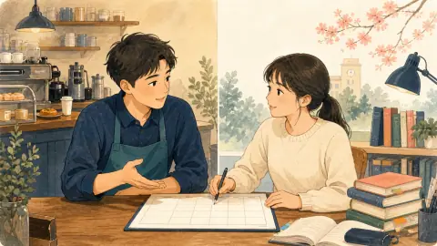 試験前の勉強時間を確保するため、店長と勤務日数を相談する大学生のイラスト