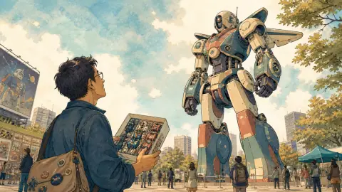 巨大なオリジナルロボット像を見上げ、模型作りへの興味を深める人のイラスト