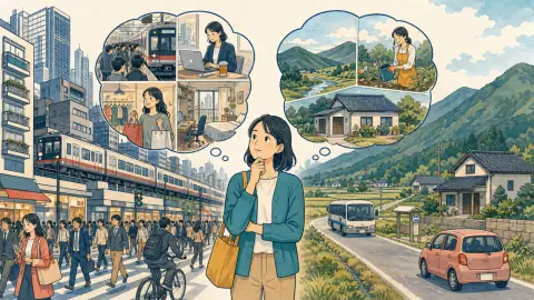 交通や店が多い都会と、自然が豊かで車が必要な田舎の暮らしを比べる人のイラスト