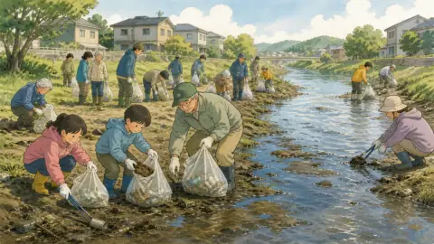 子どもから高齢者まで地域の住民が参加し、川辺の空き缶やごみを拾うイラスト
