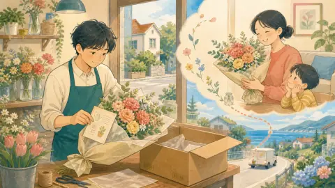 花屋が遠方の家族へ届ける季節の花束と育て方の案内を箱に詰めるイラスト