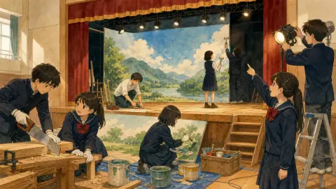 文化祭に向けて高校生が木材、背景画、照明を分担して舞台を作るイラスト