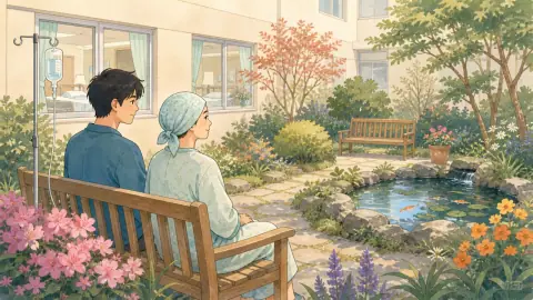 病院の小さな中庭で、患者と家族が花や池を眺めながら木のベンチで休むイラスト