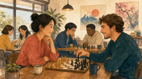 言葉の違いを越えてチェスを楽しみ、交流を深める二人のイラスト