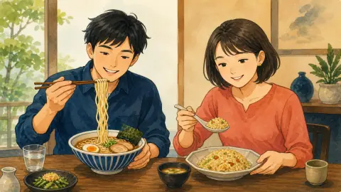 ラーメンは箸、チャーハンはスプーンで食べ、料理に合う道具を使う二人のイラスト