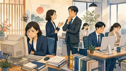 古く動きの遅い会社のパソコンに困り、上司へ交換を相談する社員のイラスト