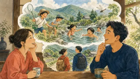 山で虫を取り川で泳いだ田舎の子ども時代を思い出す友人二人のイラスト