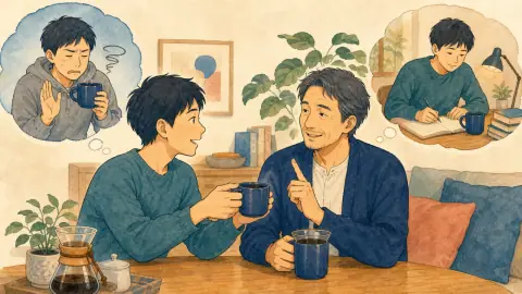 父にコーヒーを入れ、飲みすぎず休むことの大切さを話し合う親子のイラスト