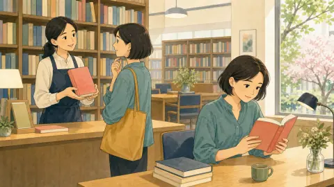 図書館で司書におすすめの小説を尋ね、明るい読書席で本を読む人のイラスト