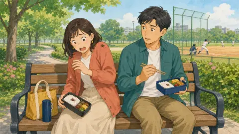 公園のベンチに座って昼食をとる二人と、リンさんの肩に落ちてきたクモのイラスト