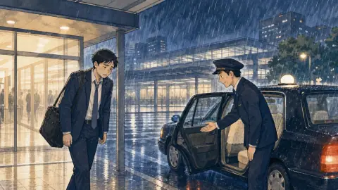 大雨の夜、駅前で一人きりの疲れた男性がタクシーに乗ろうとしているイラスト