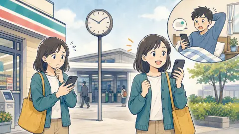 駅前で待ち合わせ相手を心配していた人が、寝坊した友人からの連絡を見て安心するイラスト