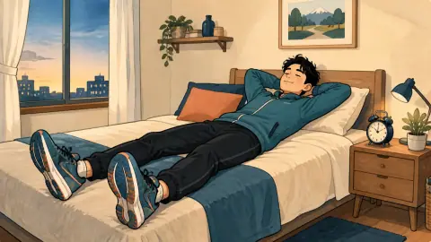 朝早く走るため、運動靴を履いたままベッドに横になって休む人のイラスト