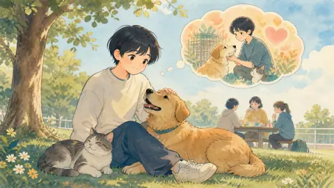 学校の庭で犬と猫に囲まれ、安心した表情で過ごす人のイラスト