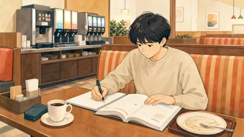ファミリーレストランで、食後にコーヒーを飲みながら日本語を勉強する人のイラスト