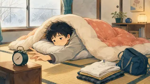 寒い朝、授業に遅れそうなのに暖かい布団から出られない学生のイラスト