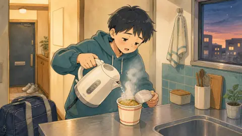 学校から帰った学生が、台所でカップラーメンにお湯を注ぐイラスト