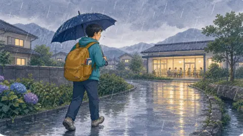 雨の日、公民館の日本語教室へ通う学習者を車で送ろうと声をかける女性のイラスト