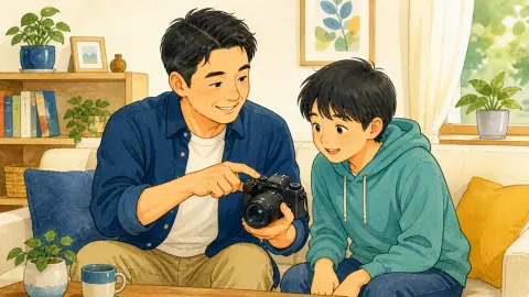 父が子供にカメラを貸し、使い方を教えているイラスト