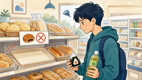 コンビニのパン売り場でカレーパンが売り切れだと知り、残念そうにする学生のイラスト
