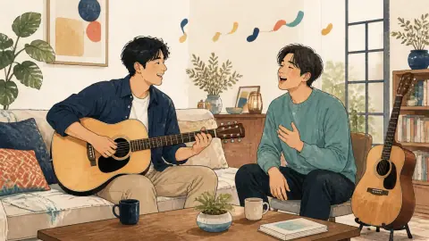 家のリビングでギターを弾きながら歌い、一緒に練習する友達二人のイラスト