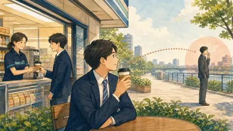昼休みにコンビニのコーヒーを楽しみ、たばこの煙から離れて座る会社員のイラスト