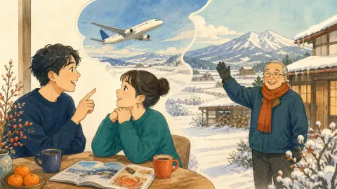 雪景色の北海道に住む元気なおじいさんと、飛行機で会いに行く計画を話す若者二人のイラスト