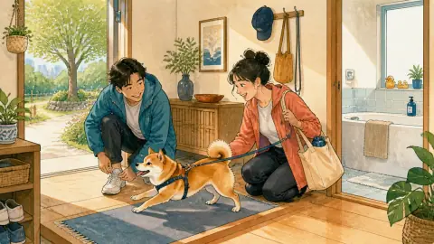 散歩が大好きな元気な犬のタロウと、これから一緒に公園へ出かける友達二人のイラスト