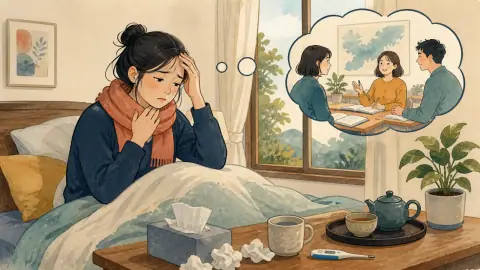 頭と喉が痛くて日本語の授業を休み、家のベッドで残念そうに休む学生のイラスト