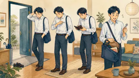 帰宅後にポケットや財布を探し、最後にかばんの中から家の鍵を見つけて安心する人のイラスト