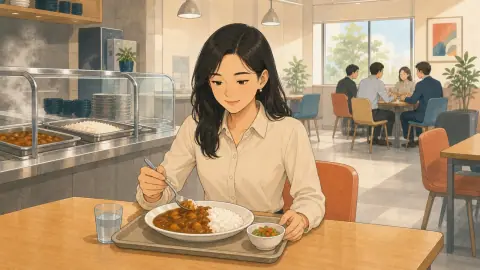 会社の食堂で、ベトナム人女性のグエンさんがカレーライスを食べているイラスト