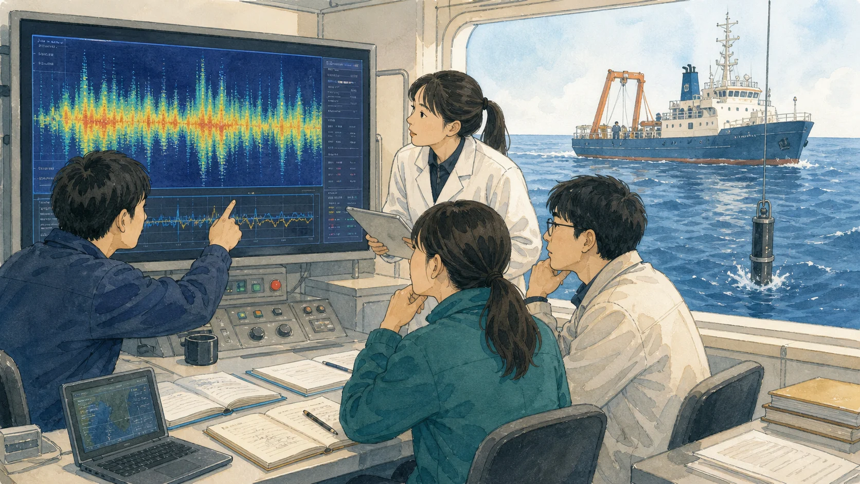 海洋研究者が深海観測機器から届いた低い音の波形を比較し、原因を慎重に調べるイラスト