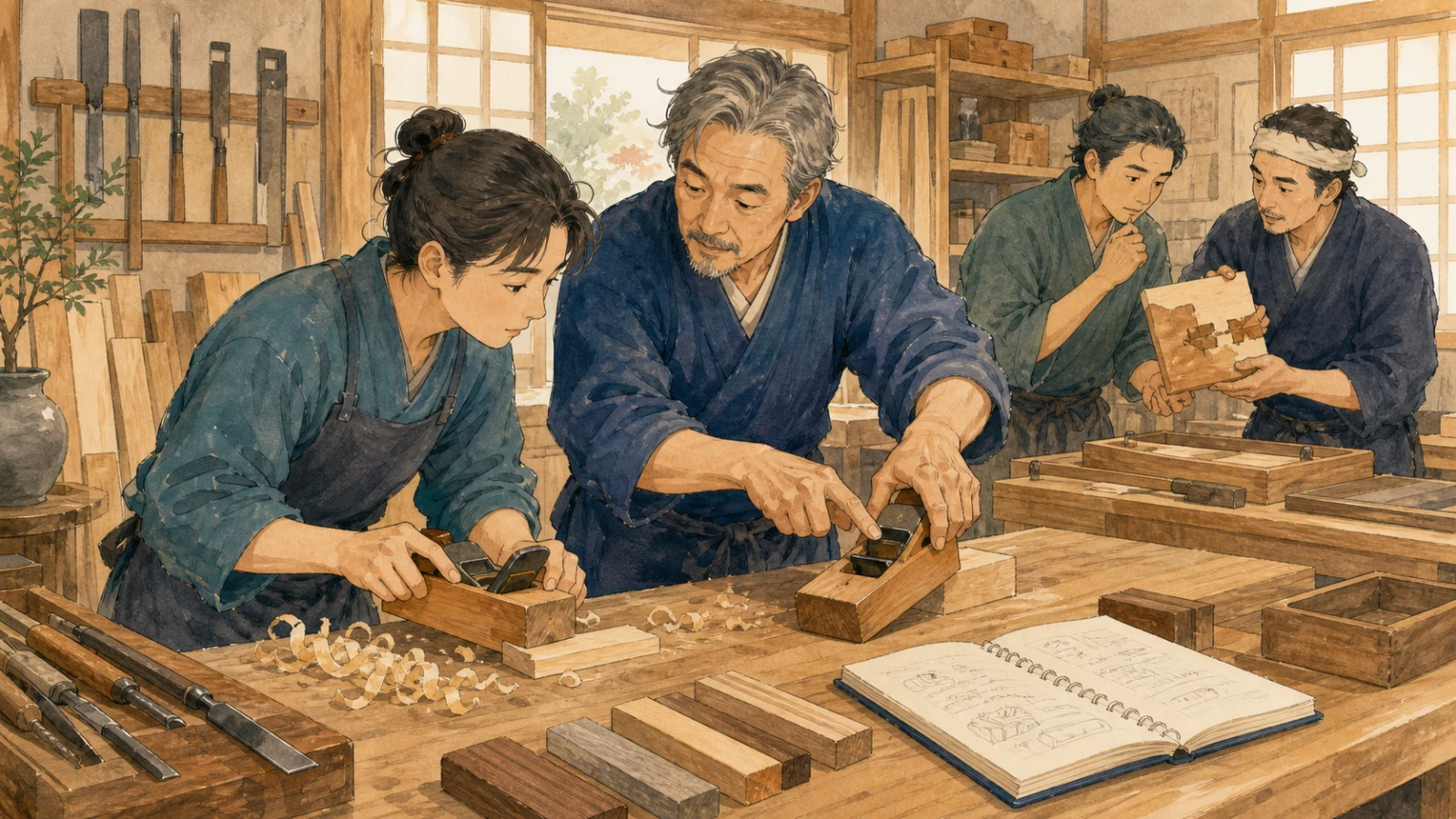 木工の工房で若い職人が師匠の手元を見ながら木を削り、ほかの職人が失敗例を共有するイラスト