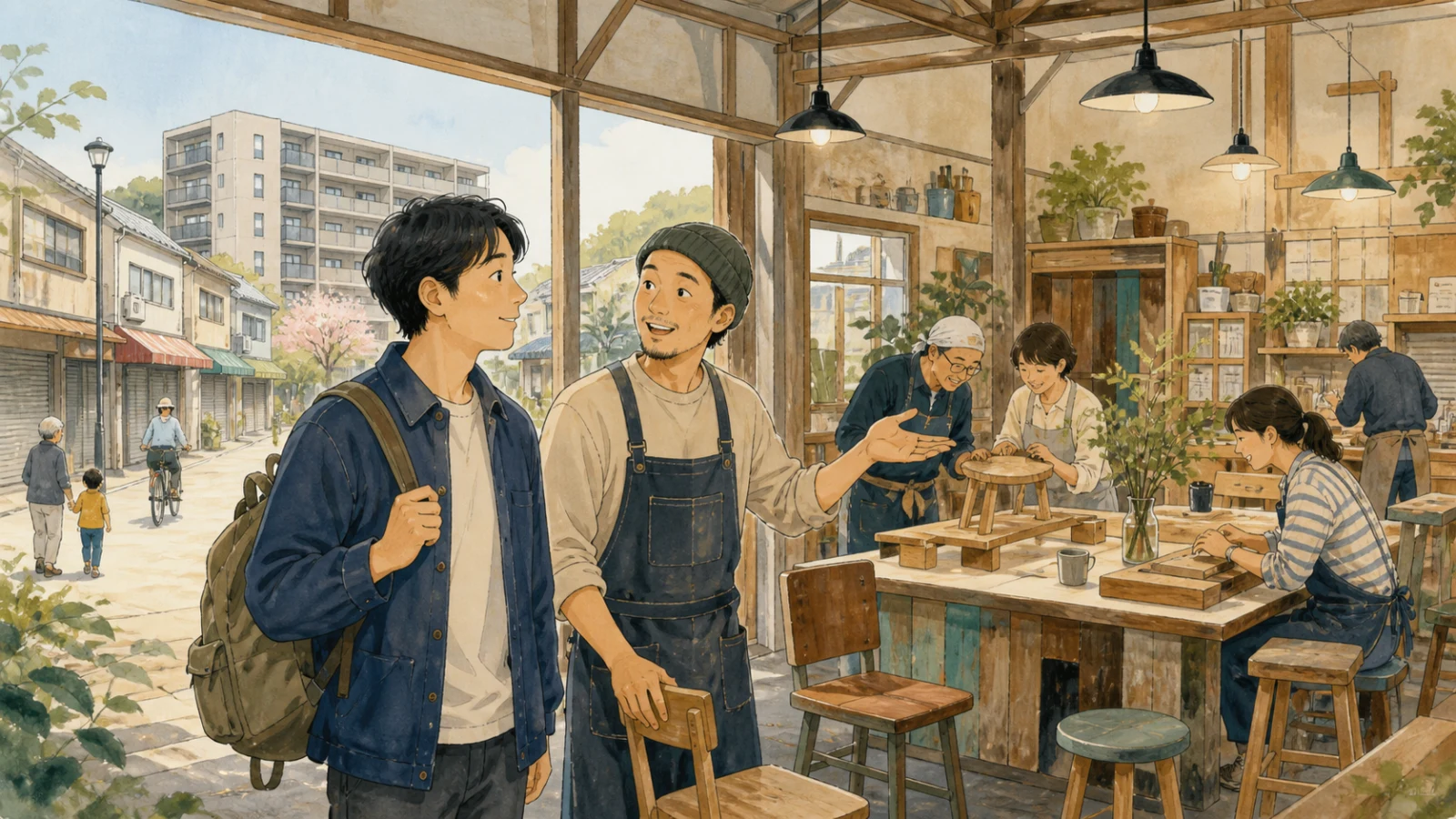 故郷へ戻った人が古い倉庫を再生した工房を訪れ、店主や住民が地域の材料で家具を作る様子を見るイラスト