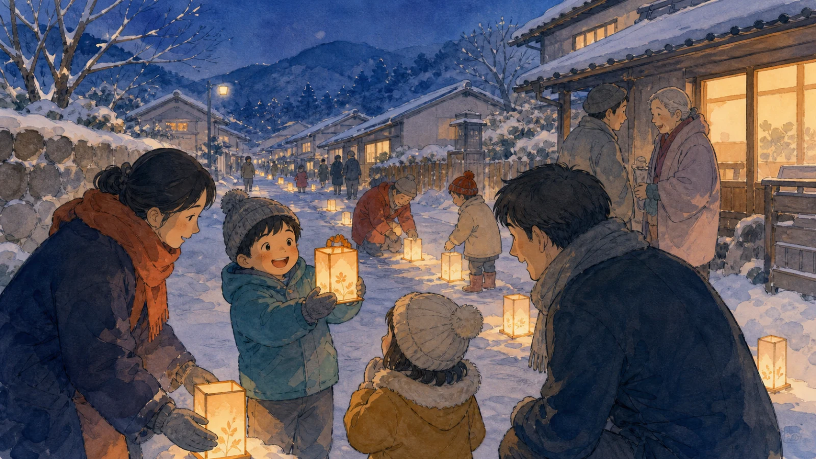 雪国の町で住民と子どもたちが道沿いに小さな灯りを並べ、家族や近所の人と冬の夜を過ごすイラスト