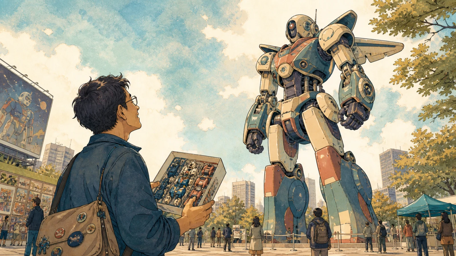 巨大なオリジナルロボット像を見上げ、模型作りへの興味を深める人のイラスト