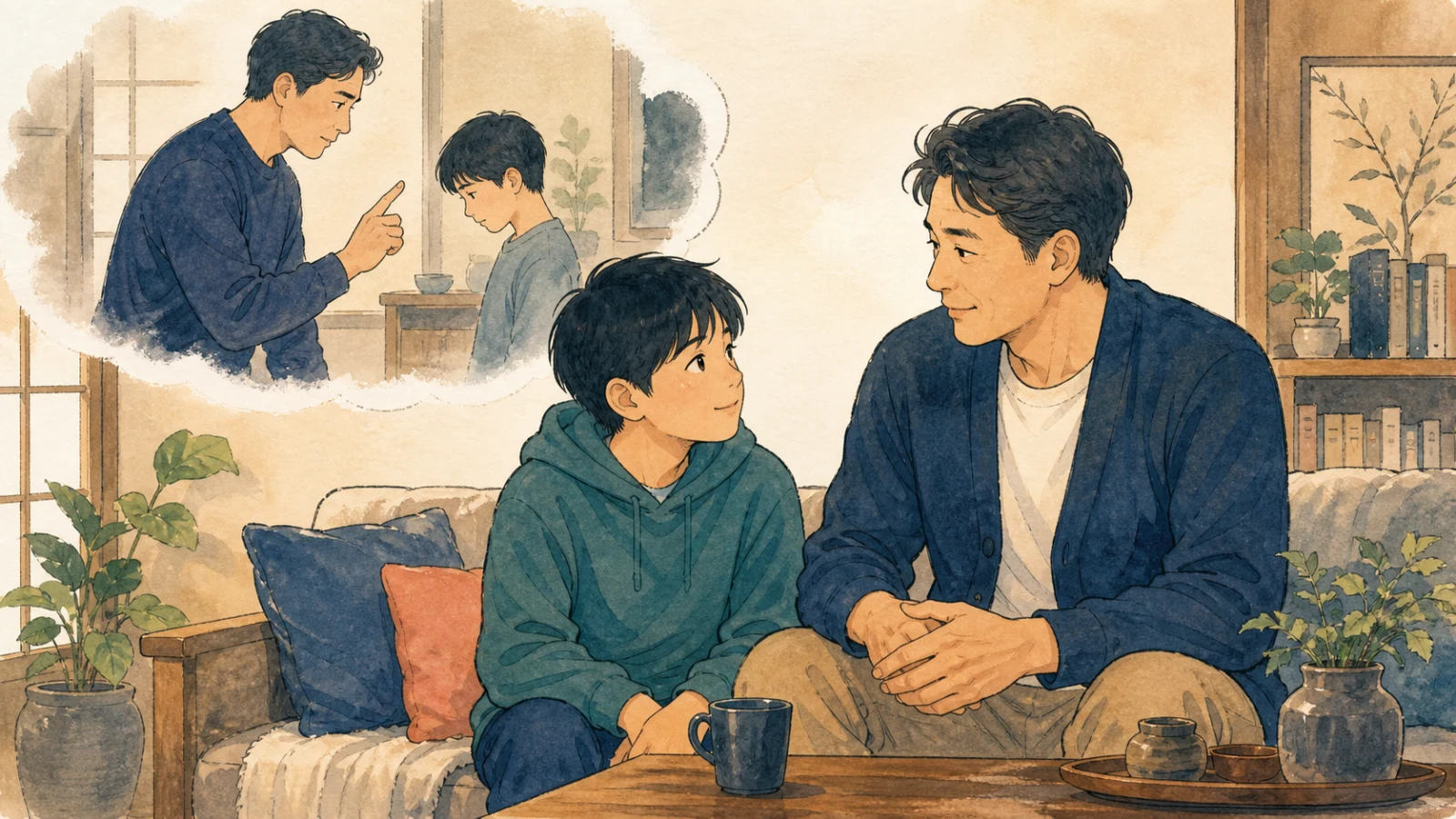 嘘をついて怒られた子どものころを振り返り、今は穏やかに話す父子のイラスト