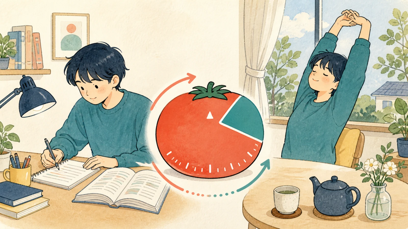 トマト形のタイマーを使い、短い集中学習と休憩を交互に行う学生のイラスト
