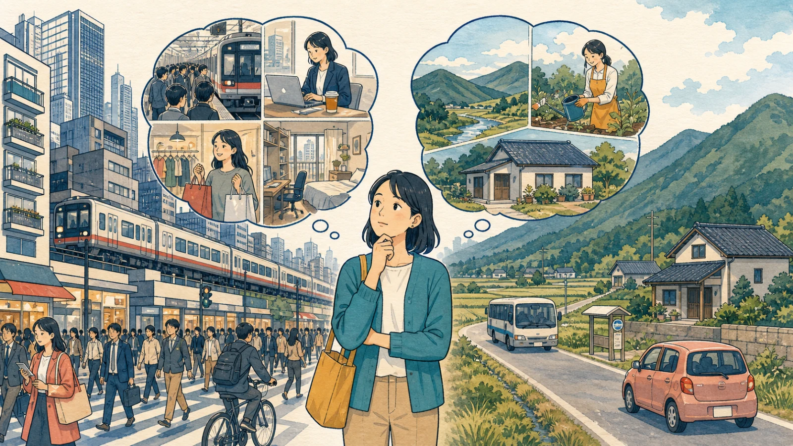 交通や店が多い都会と、自然が豊かで車が必要な田舎の暮らしを比べる人のイラスト