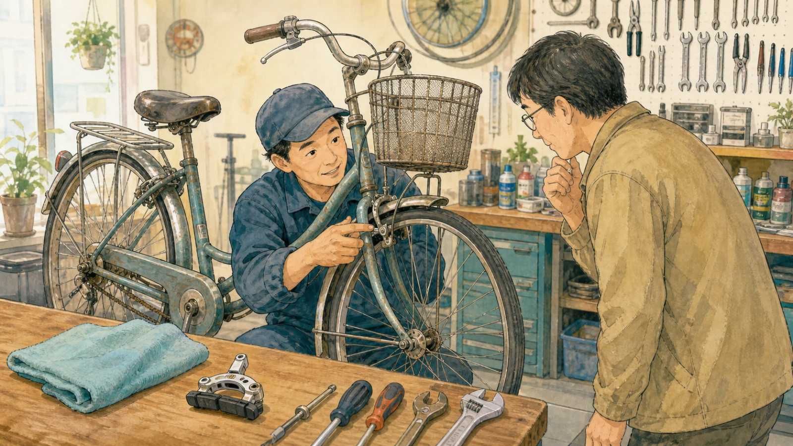 自転車店で、整備士が古い自転車のブレーキを点検し、持ち主に手入れ方法を説明するイラスト