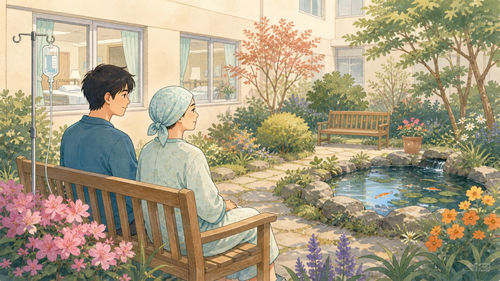 病院の小さな中庭で、患者と家族が花や池を眺めながら木のベンチで休むイラスト