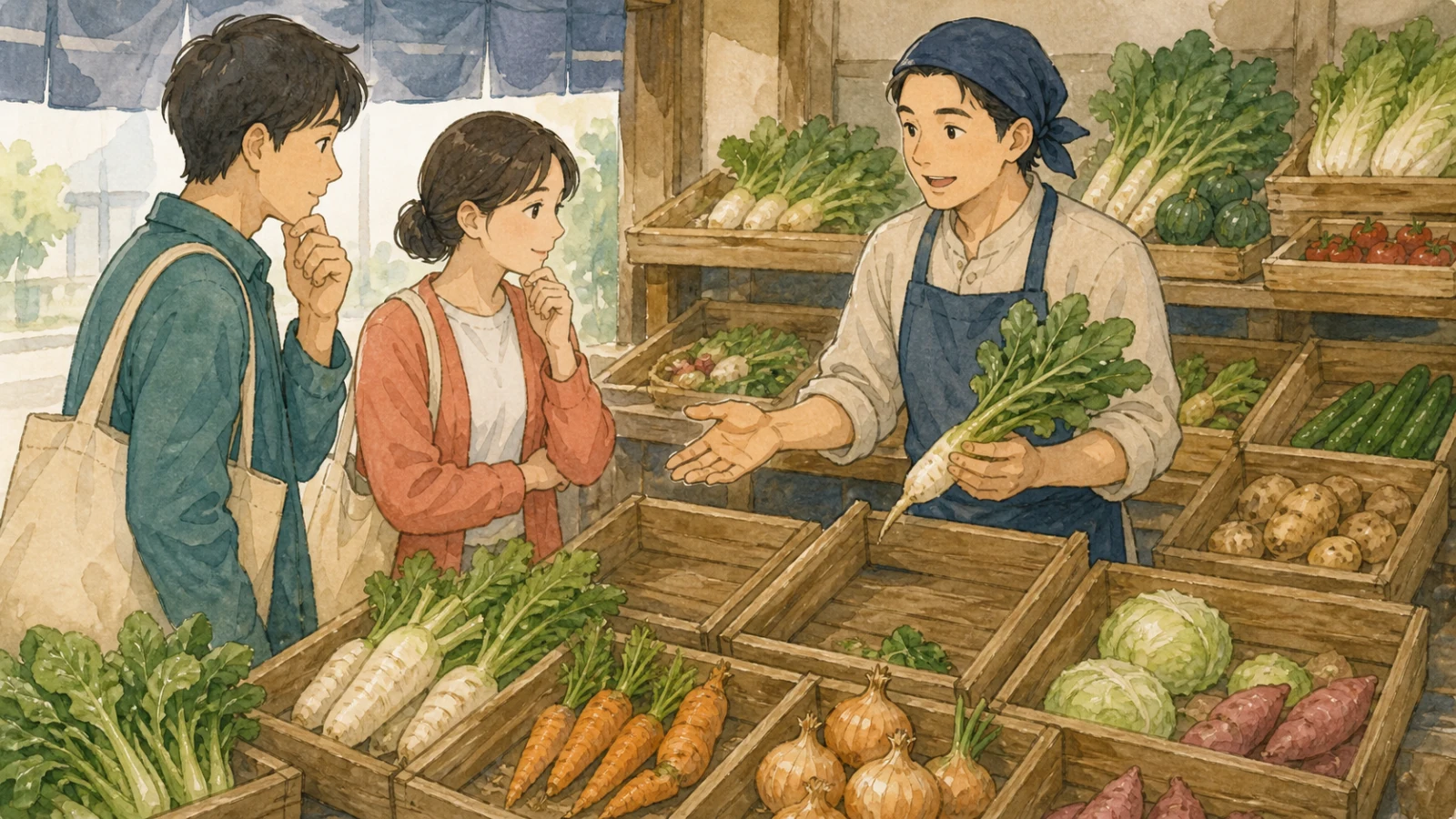 野菜市場で、店主が収穫量の少ない野菜や形の違う野菜を客に説明するイラスト
