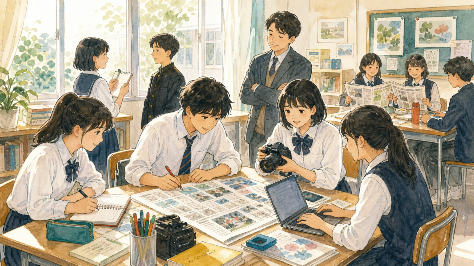 学校新聞部の生徒たちが取材、撮影、紙面作りを分担し、昼休みに読まれる新聞を完成させるイラスト