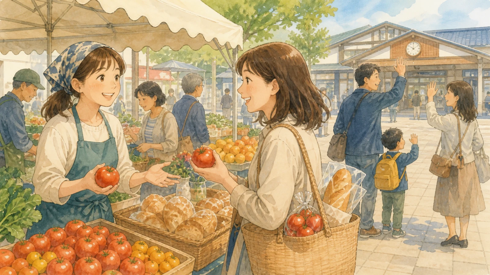 駅前の週末朝市で、客が農家と話しながら取れたてのトマトと焼きたてのパンを買うイラスト